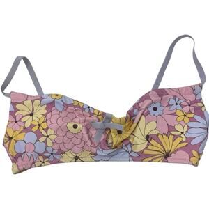 Aerie Bandeau Cut Out Bikini Top Dainty Bow Floral Retro Purple Pink Size S